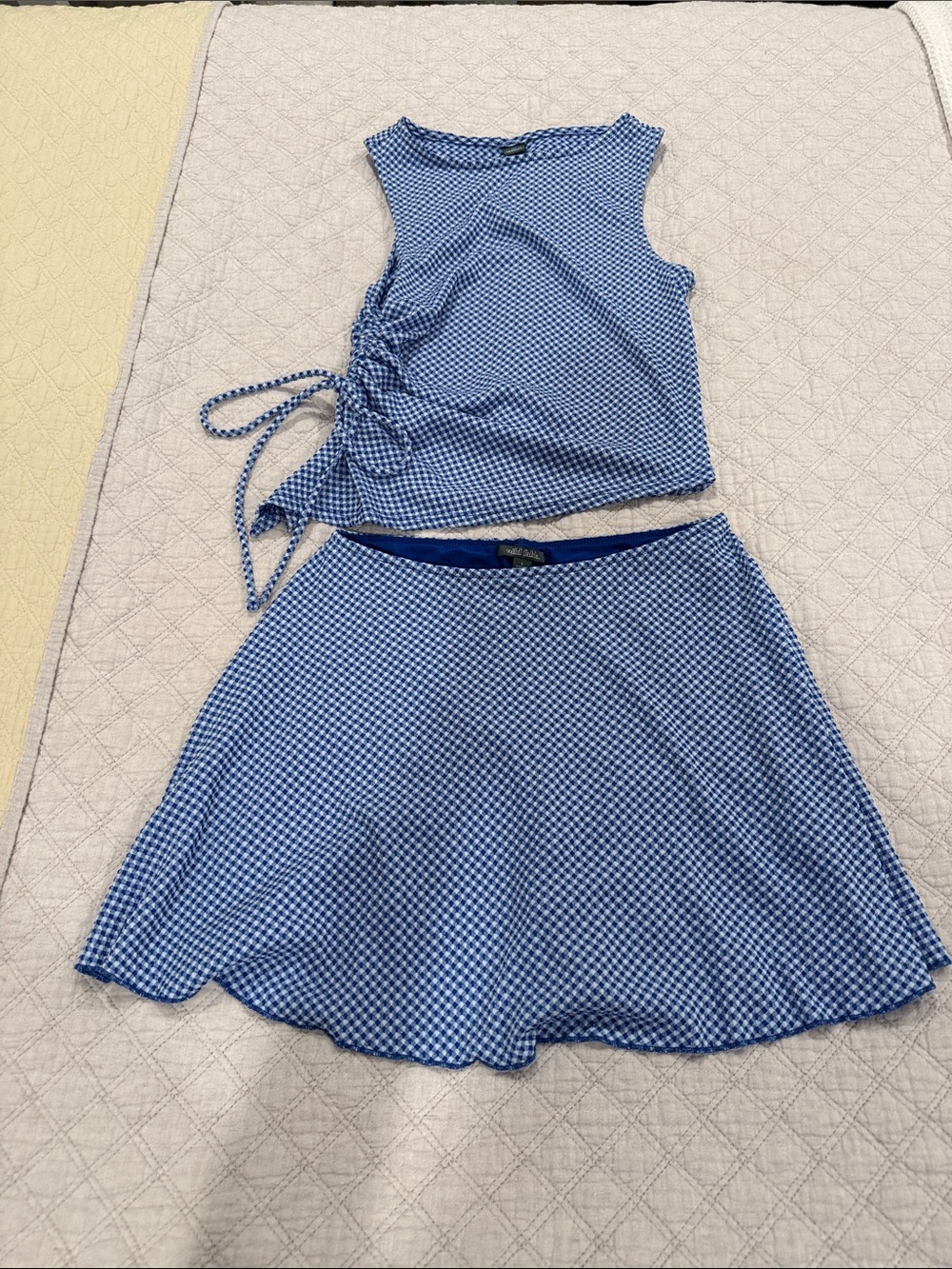 Ladies Blue Gingham Tie-Side Top & Skirt Set